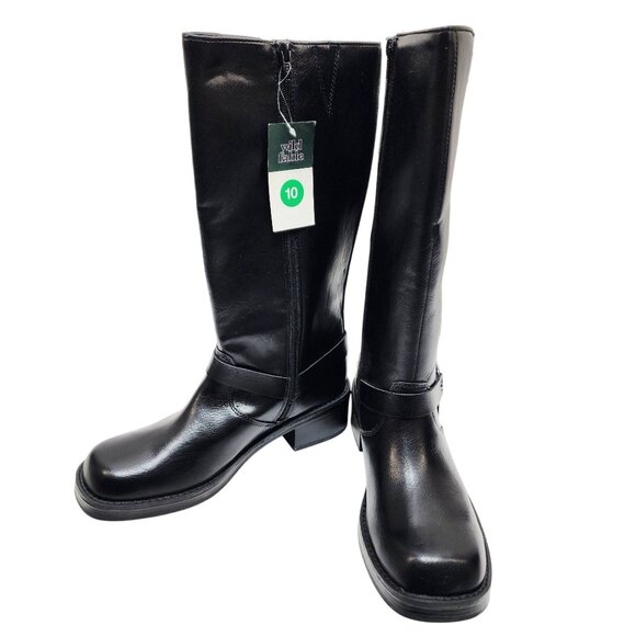 Wild Table Black Leather Knee-High Boot Side Buckles Zipper Closure Women SZ 10 - Picture 3 of 7